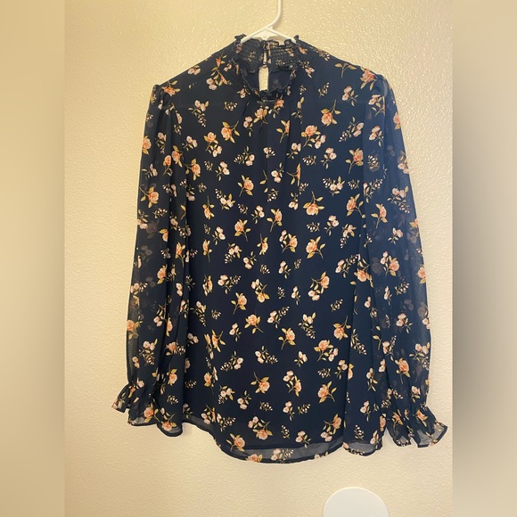 Micro Floral Print Smocked Mock Neck Blouse modest navy plus size 0X - Picture 2 of 7